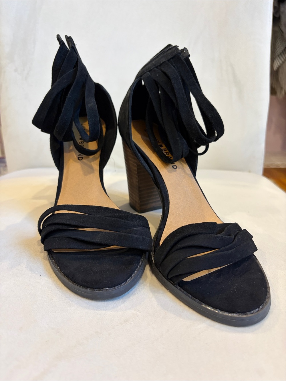 Lucky Brand Black Suede Strappy Block Heel Sandals with Ankle Wraps